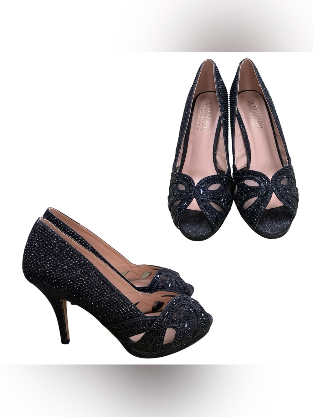 De Blossom Collection Black Glitter Peep-Toe High Heels S7